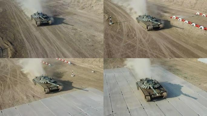 鸟瞰图-重型坦克在越野全速行驶