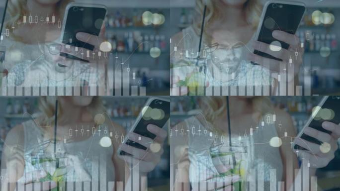 使用智能手机对高加索女商人进行财务数据处理的动画