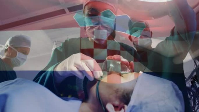 克罗地亚国旗在手术室中挥舞着外科医生的动画