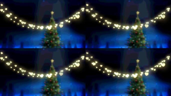 圣诞树和冬季景观上发光的仙女灯动画