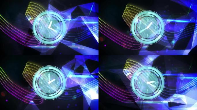 迪斯科灯光和彩色线条上的时钟动画