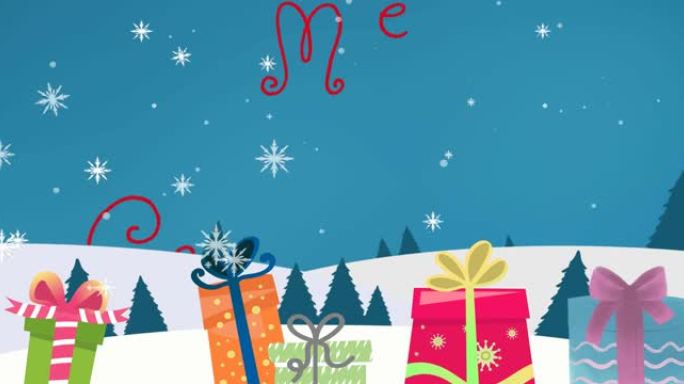 礼物和雪花上的圣诞快乐文字动画