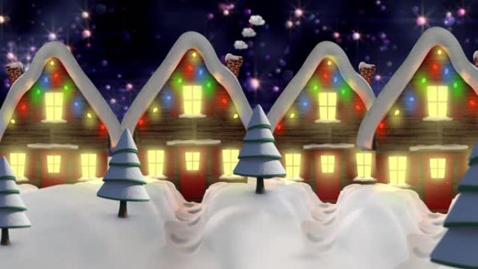 星星在带有仙女灯的房屋上落下五颜六色的灯光的动画