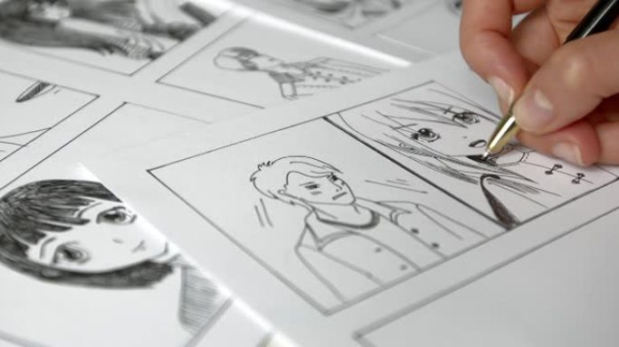 艺术家在纸上画动漫漫画。卡通故事板。插画家为这本书创作草图。漫画风格。