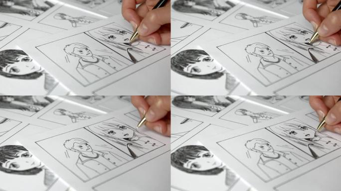 艺术家在纸上画动漫漫画。卡通故事板。插画家为这本书创作草图。漫画风格。