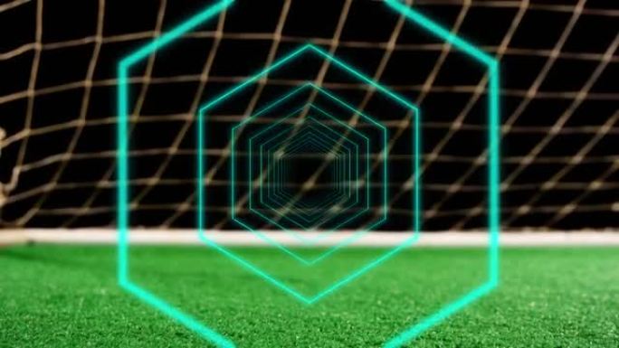 蓝色同心六边形的动画处理足球在球门前弹跳的数据