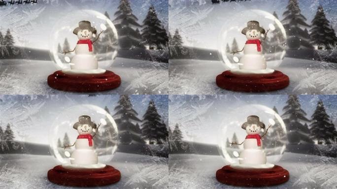 雪落在雪球上的雪人上，与驯鹿拉着雪橇的圣诞老人