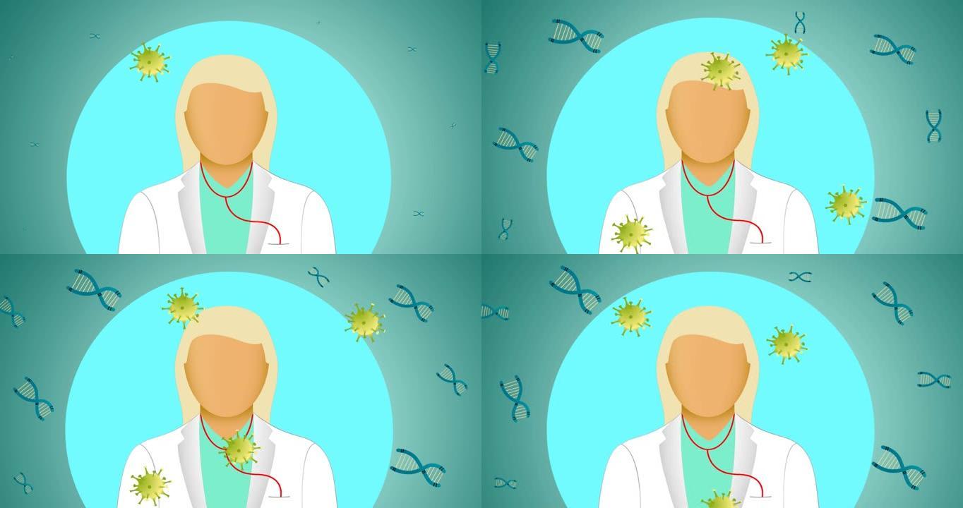 绿色冠状病毒细胞在女医生身上的动画，绿色背景上的dna链