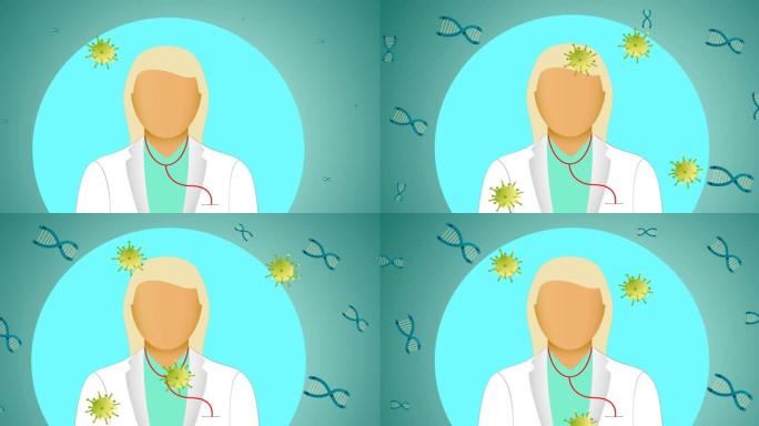 绿色冠状病毒细胞在女医生身上的动画，绿色背景上的dna链