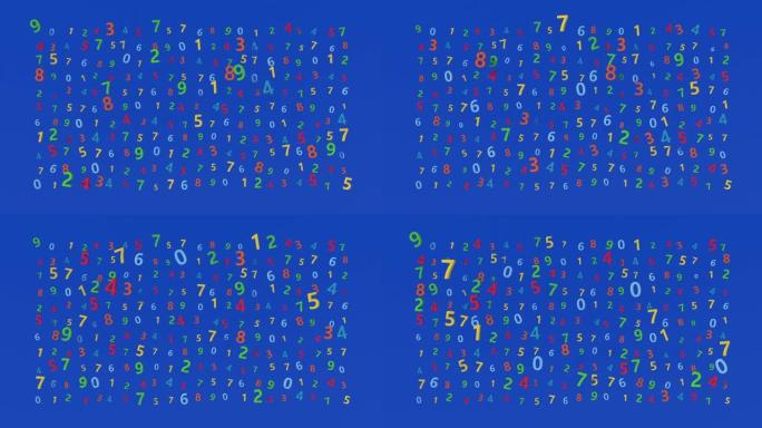 一组五颜六色的数字在变形。蓝色背景。抽象动画，3d渲染。