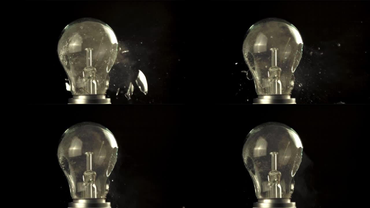 超慢动作玻璃灯泡爆裂。以1000 fps的高速相机拍摄。