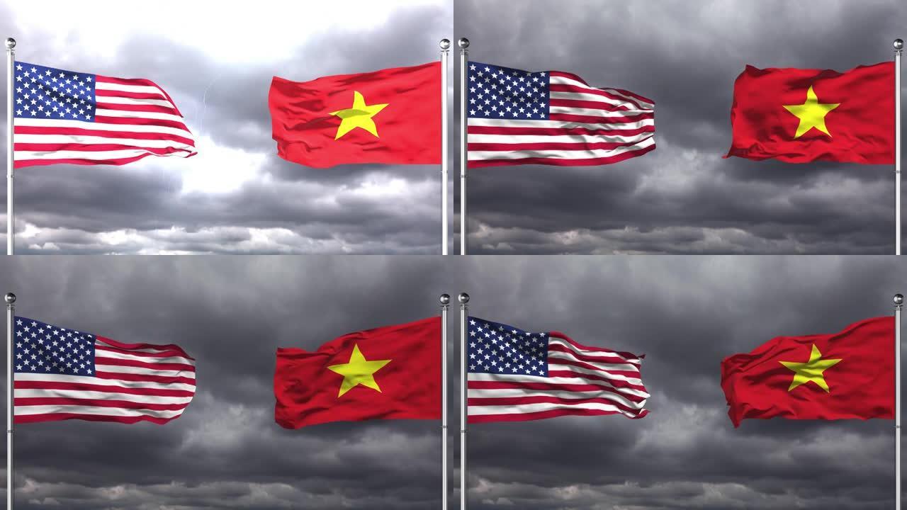美国和越南国旗互相挥舞|循环。
