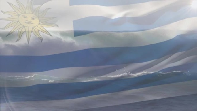 数字组成的挥舞乌拉圭旗帜反对海浪在海的鸟瞰图