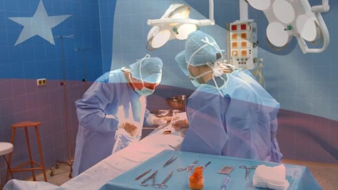 智利国旗在手术室中挥舞着外科医生的动画