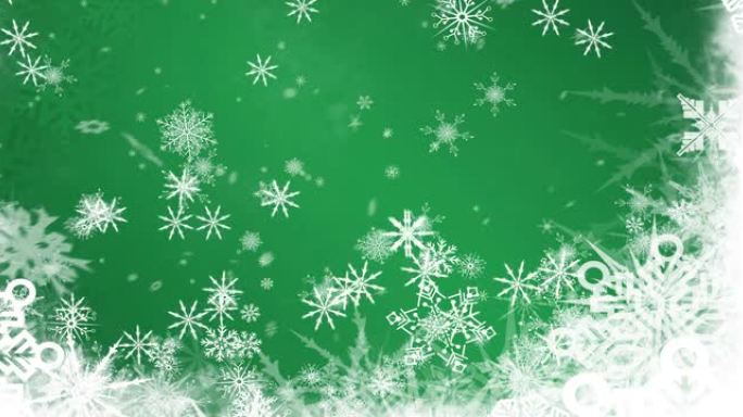 圣诞节雪花飘落的动画，绿色背景