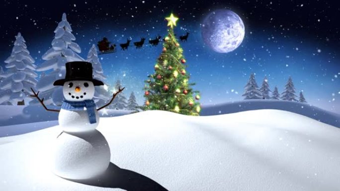 雪落在冬天的雪人和圣诞树上，夜空中的月亮