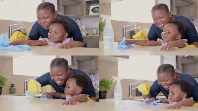 一名年轻母女在家打扫卫生的4k录像