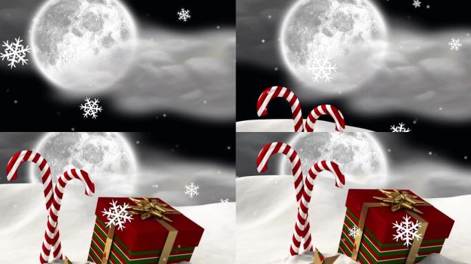 圣诞雪花在夜间冬季景观中飘落的动画
