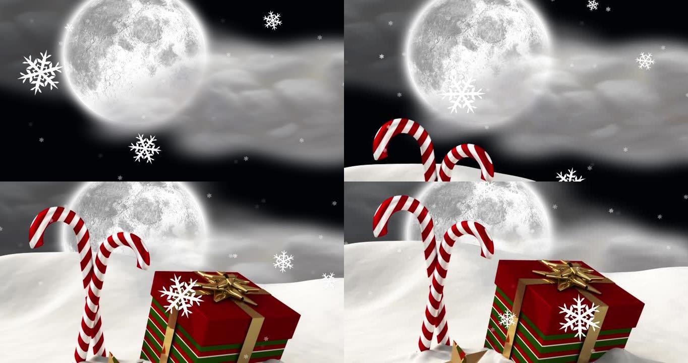 圣诞雪花在夜间冬季景观中飘落的动画