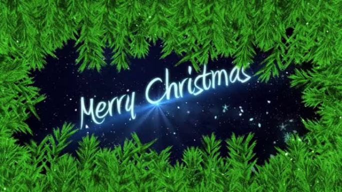 黑色背景上的圣诞快乐文字和雪落在杉木树枝上的动画