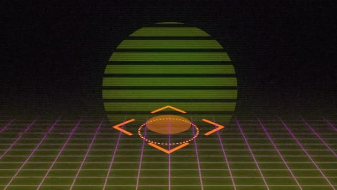 黑色背景上移动的粉红色网格和旭日旋转的方形示波器动画