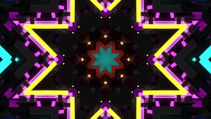 4k黑暗循环背景，具有几何3d和霓虹灯的抽象对称图案。科幻电脑朋克bg，用于表演或活动、节日或音乐会