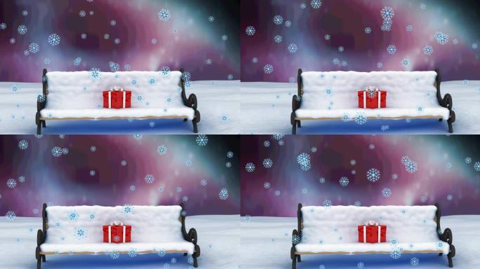 冬天风景下的雪落在长凳上的动画