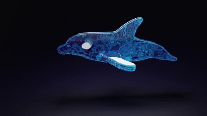 黑色背景上的海豚。蓝色的水纹理。动画纹理。海豚在夜海中游泳。