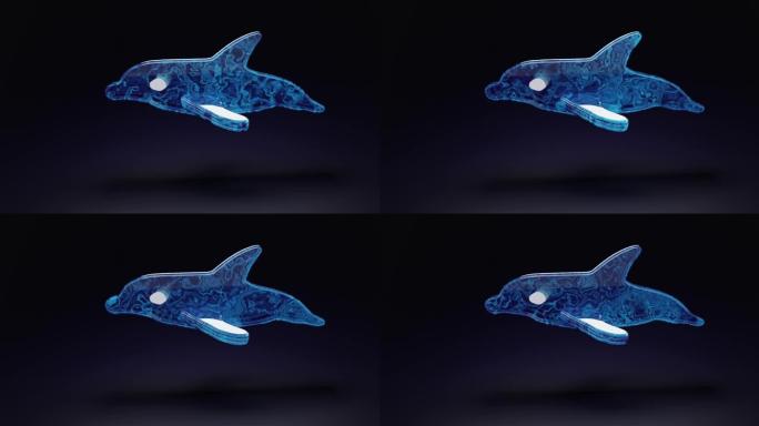 黑色背景上的海豚。蓝色的水纹理。动画纹理。海豚在夜海中游泳。