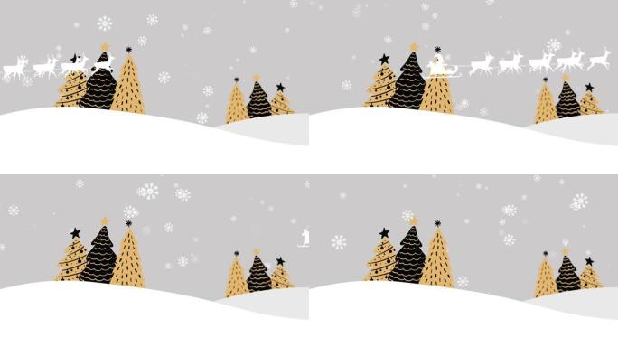 白色背景上有驯鹿的雪橇上的圣诞树和圣诞老人动画