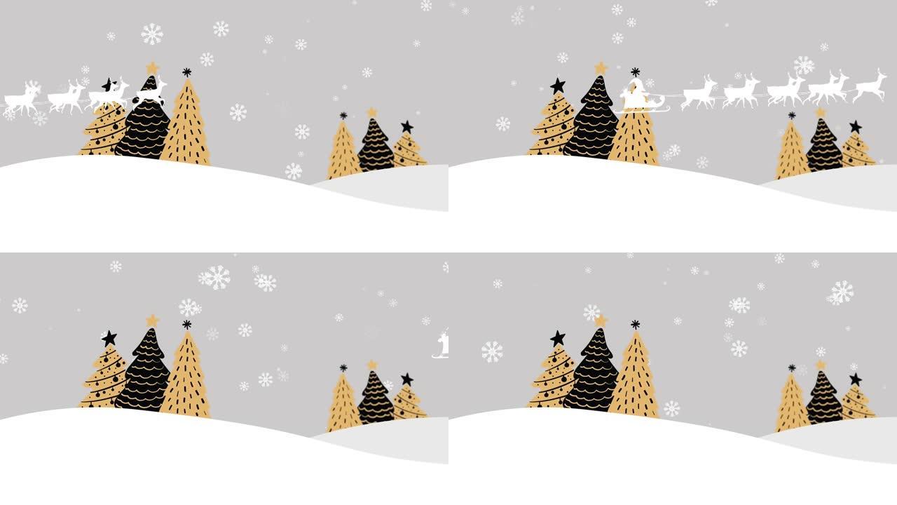 白色背景上有驯鹿的雪橇上的圣诞树和圣诞老人动画