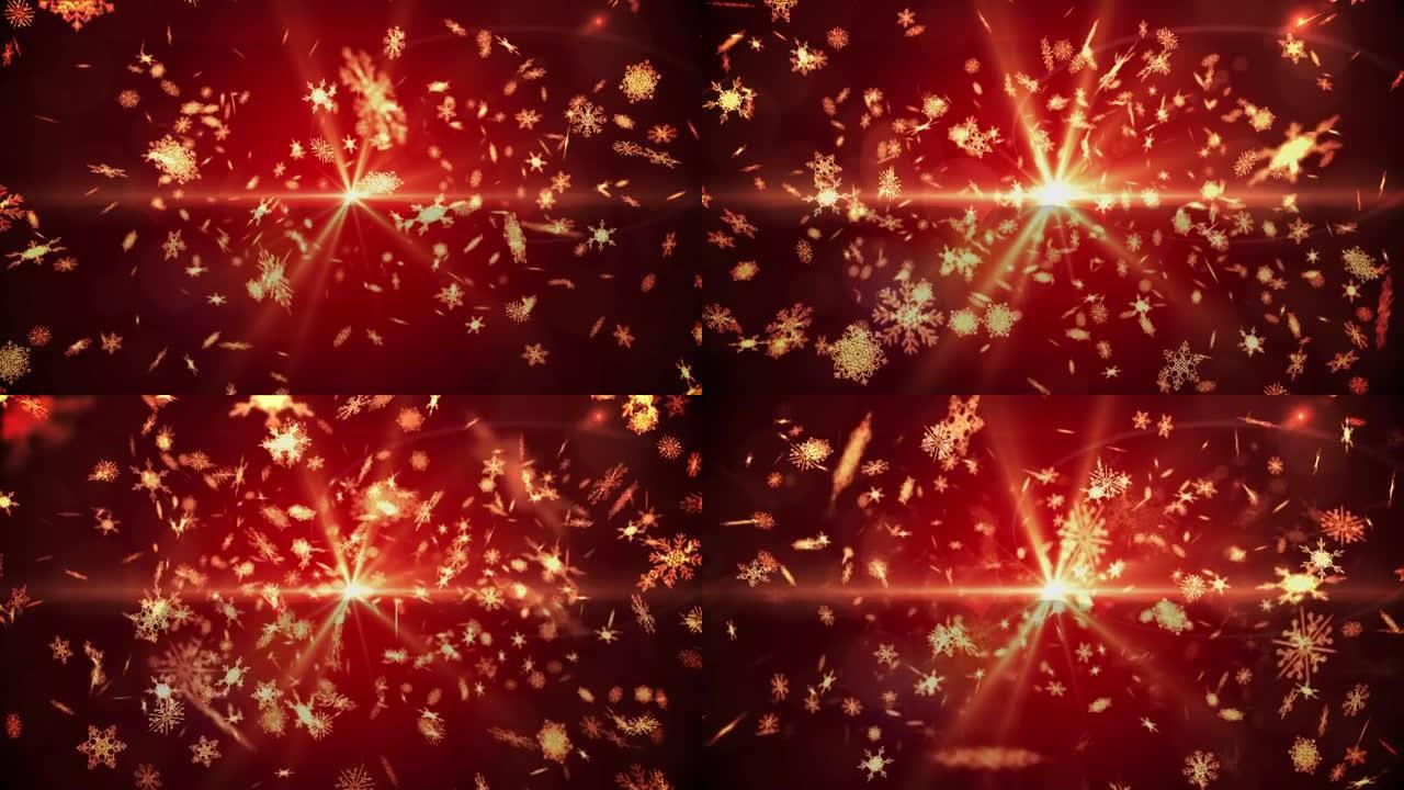 红色背景上圣诞节雪落在圣诞节装饰品上的动画
