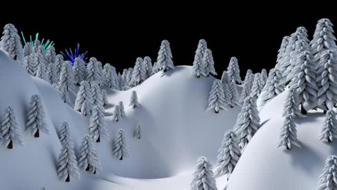 冬季景观上的烟花和圣诞树动画