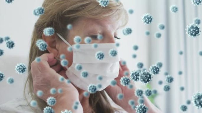 多个新型冠状病毒肺炎细胞漂浮在戴着口罩的白人高级妇女身上