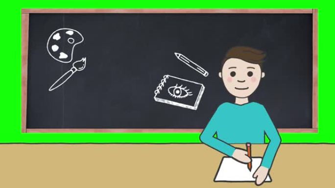 男生在黑板上做笔记的动画，绿色背景上有学校项目图标