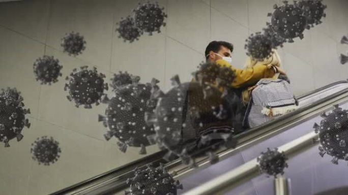 自动扶梯上高加索夫妇后视图上病毒细胞的动画