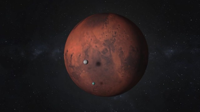 火星-太阳系中旋转的行星火星的高分辨率3D镜头，其卫星在黑暗的空间中