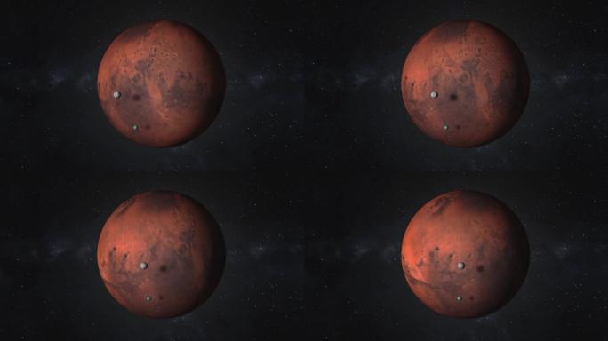 火星-太阳系中旋转的行星火星的高分辨率3D镜头，其卫星在黑暗的空间中