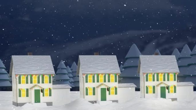 雪落在夜空的冬季景观上的多个房屋和树木上