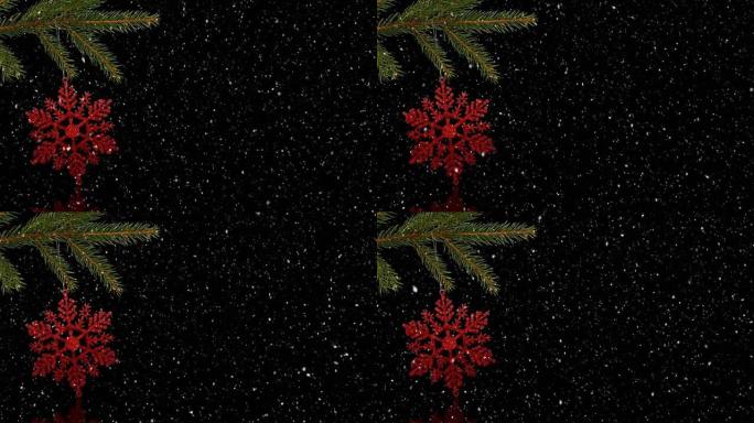 黑色背景上圣诞树上的红色圣诞装饰上的雪的动画