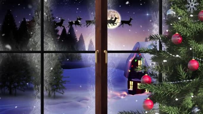 通过窗户看到房子和圣诞老人雪橇的冬季圣诞节场景动画