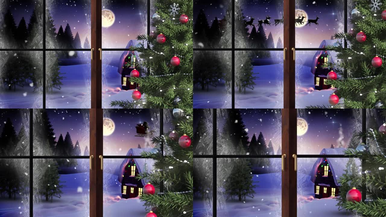 通过窗户看到房子和圣诞老人雪橇的冬季圣诞节场景动画