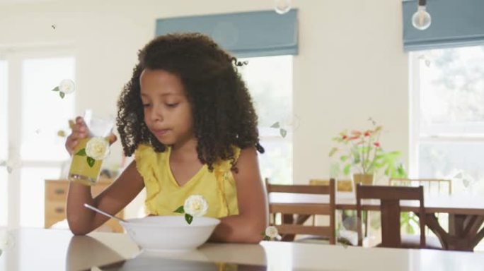 非裔美国女孩喝果汁和吃早餐的玫瑰动画