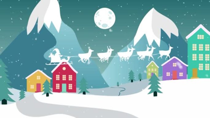 圣诞老人在雪橇上的动画，驯鹿在房屋和冬季景观上
