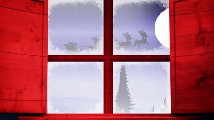 圣诞老人在雪橇上与驯鹿的冬季风景动画