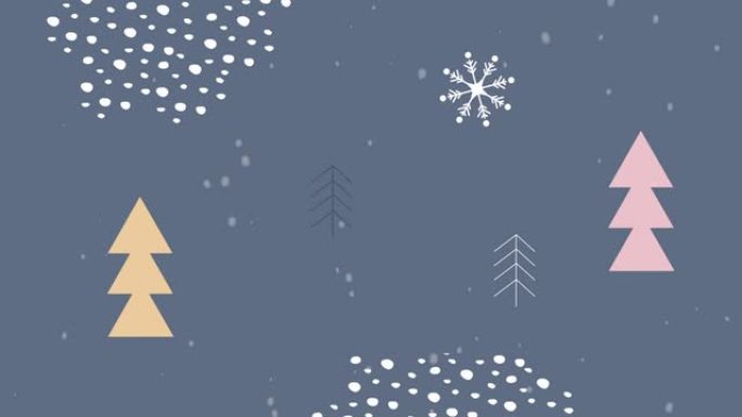 雪花落在圣诞树上的数字动画图标和灰色背景上的抽象形状