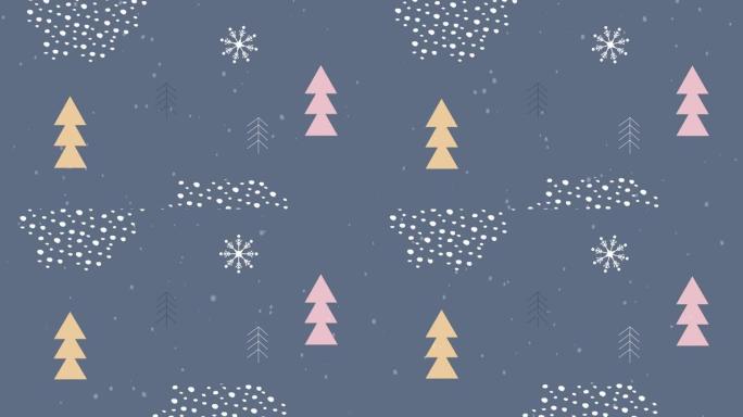 雪花落在圣诞树上的数字动画图标和灰色背景上的抽象形状
