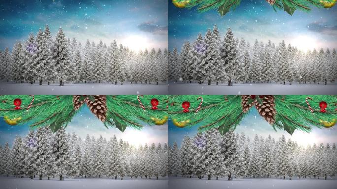 圣诞节花环装饰在冬天的风景上落在多棵树上的雪上