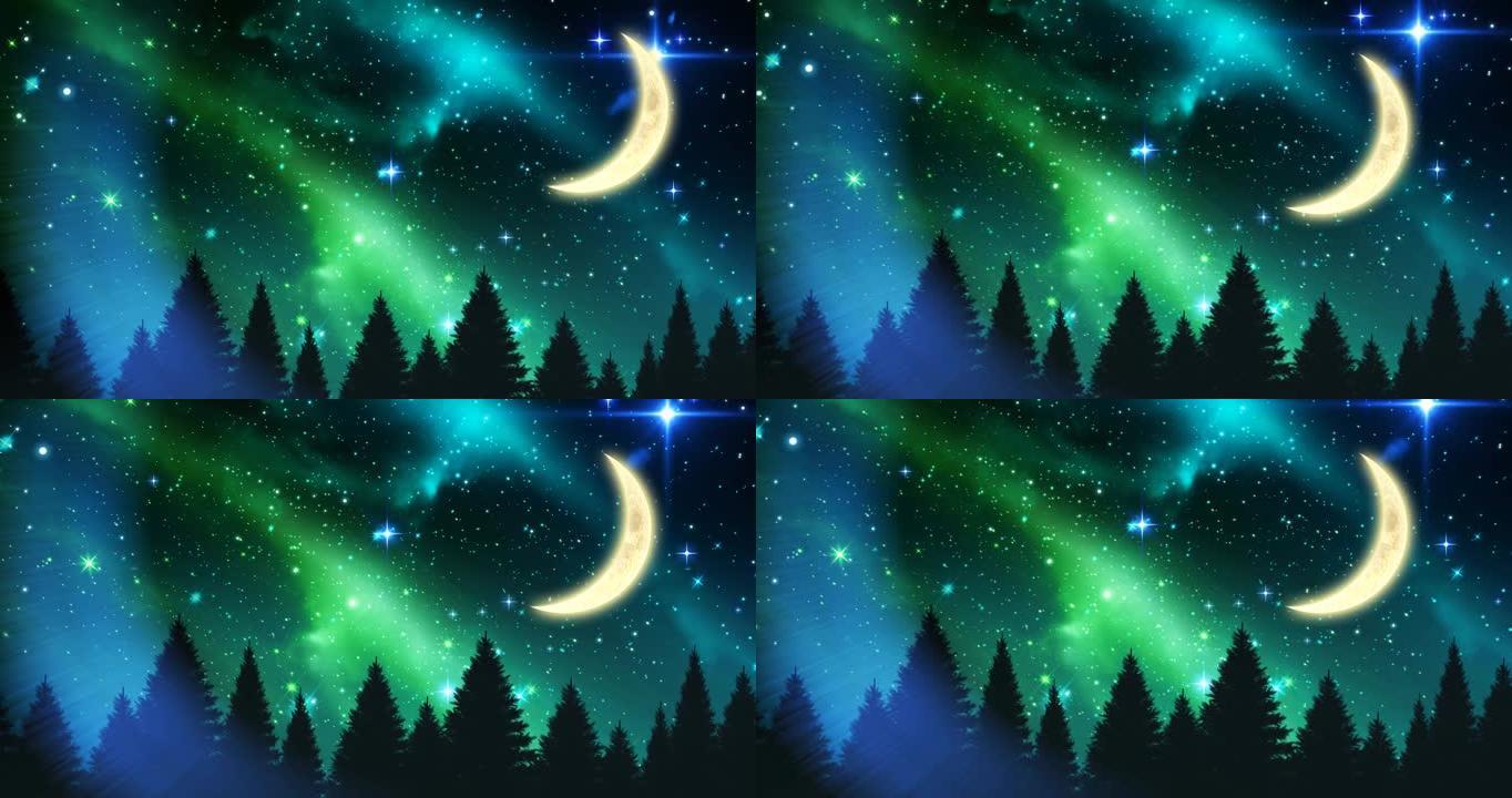 夜空和森林中的月亮和星星的动画
