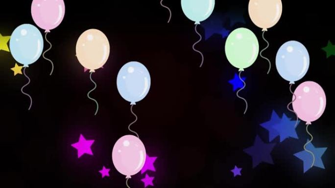 黑色背景上彩色星星上的气球动画